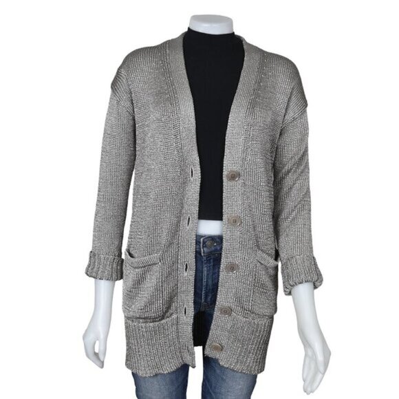 Banana Republic Metallic Chunky Knit Long Cardigan Sweater Champagne Size Small - Picture 5 of 15